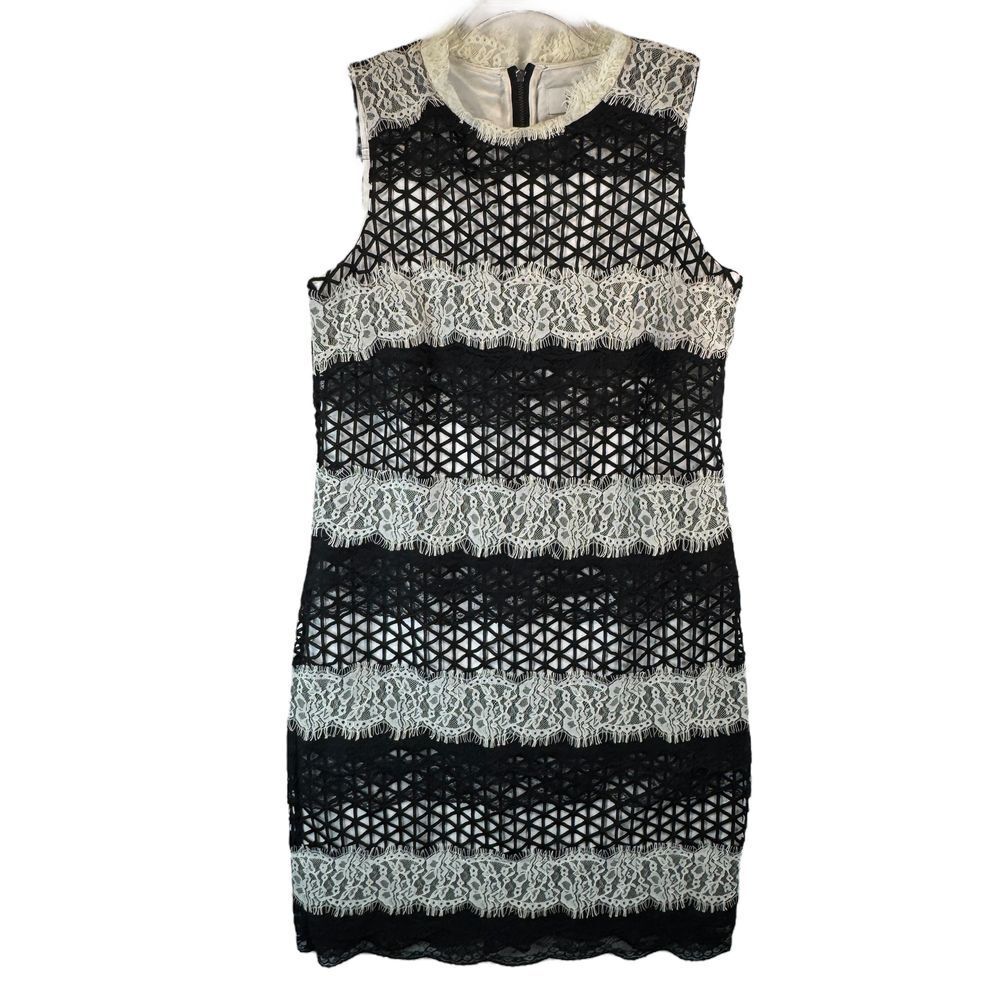 Belle Badgley Mischka‎ Black White Lace Striped Cocktail Party Dress Size 2